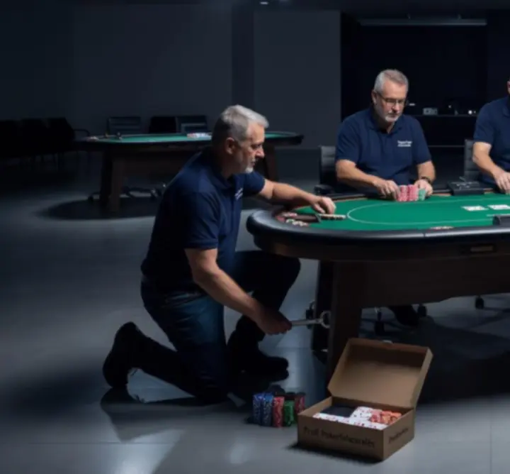 Csapatunk poker-asztalokat és zsetonokat készít elő egy esemény előtt