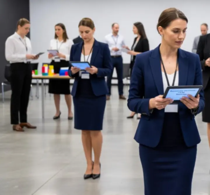 Professzionális szervezőcsapat munka közben egy modern rendezvényhelyszínen.